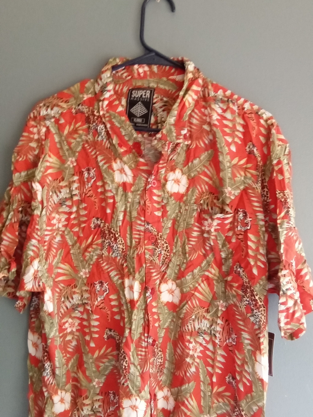Super Massive Mens XL Tropical Tiger Leopard Print Button Down Shirt Red Orange